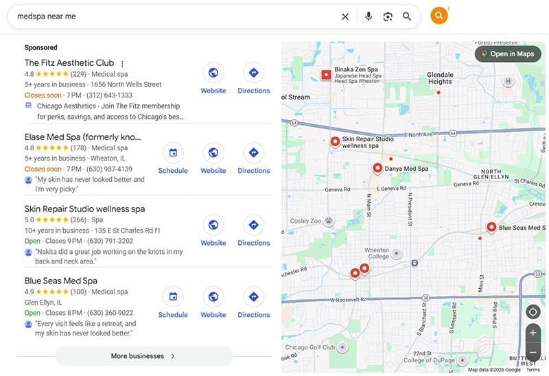 med spas near me Example of a Google “med spa near me” search and how results appear in local search.