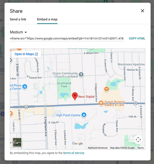 An embedded Google Map on your plastic surgery website location page helps patients find your practice and reinforces your NAP data for local SEO.